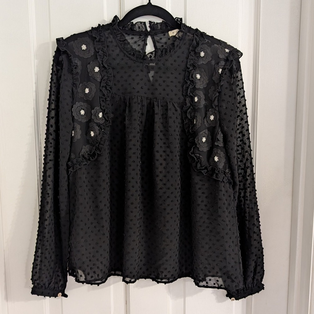 POL Womens Sheer Black Top SMALL Whimsigoth Swiss Dots Flowers Dressy Ruffle‎
